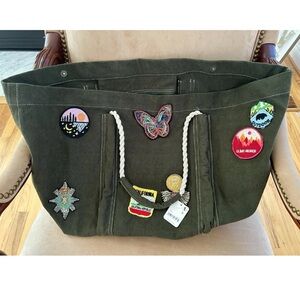 Free People Been There Badge Patches Green Canvas Tote Bag NWT